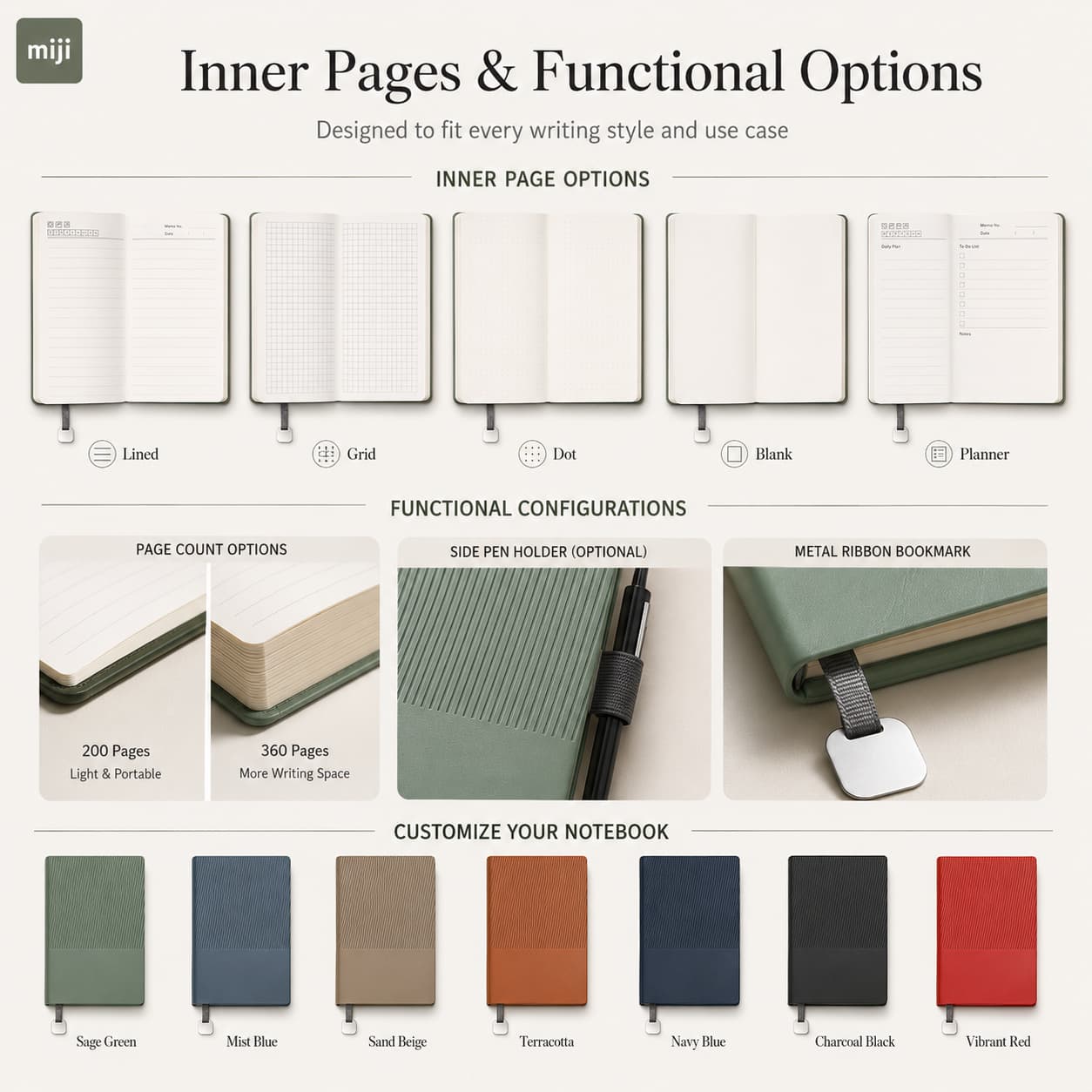 Striped PU notebooks shown with custom logo placement and branding possibilities for OEM projects.