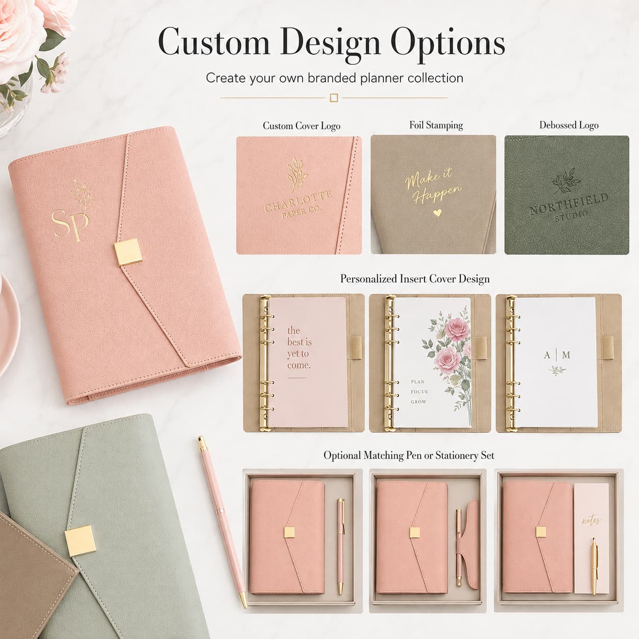 Custom planner organizer examples showing logo branding, foil stamping, debossing, personalized insert covers, and coordinated stationery sets.