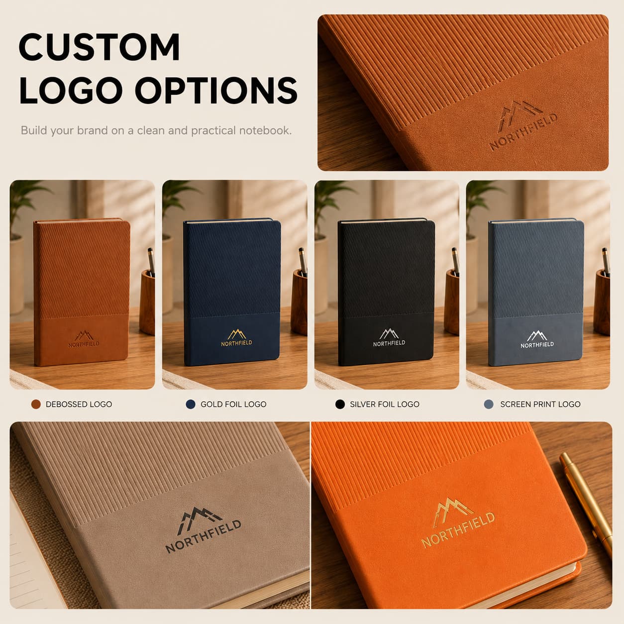 Striped PU notebooks shown with debossed, gold foil, silver foil and screen printed logo examples.