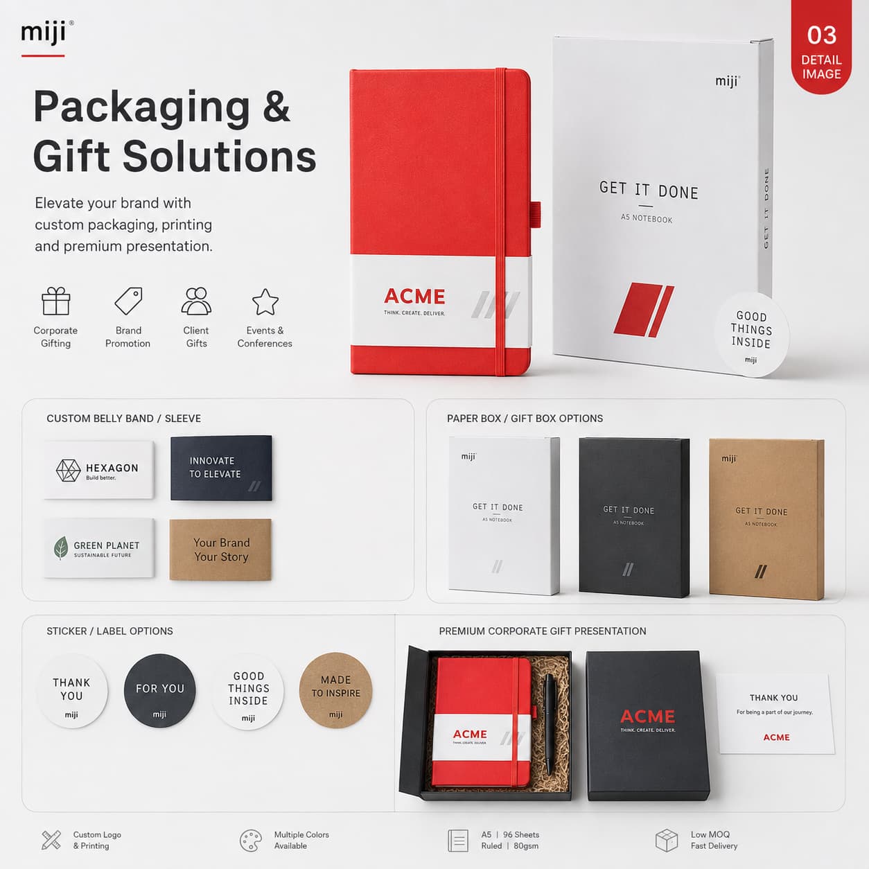 Custom A5 notebook packaging examples with belly bands, paper boxes, labels, gift boxes and corporate gift presentation.