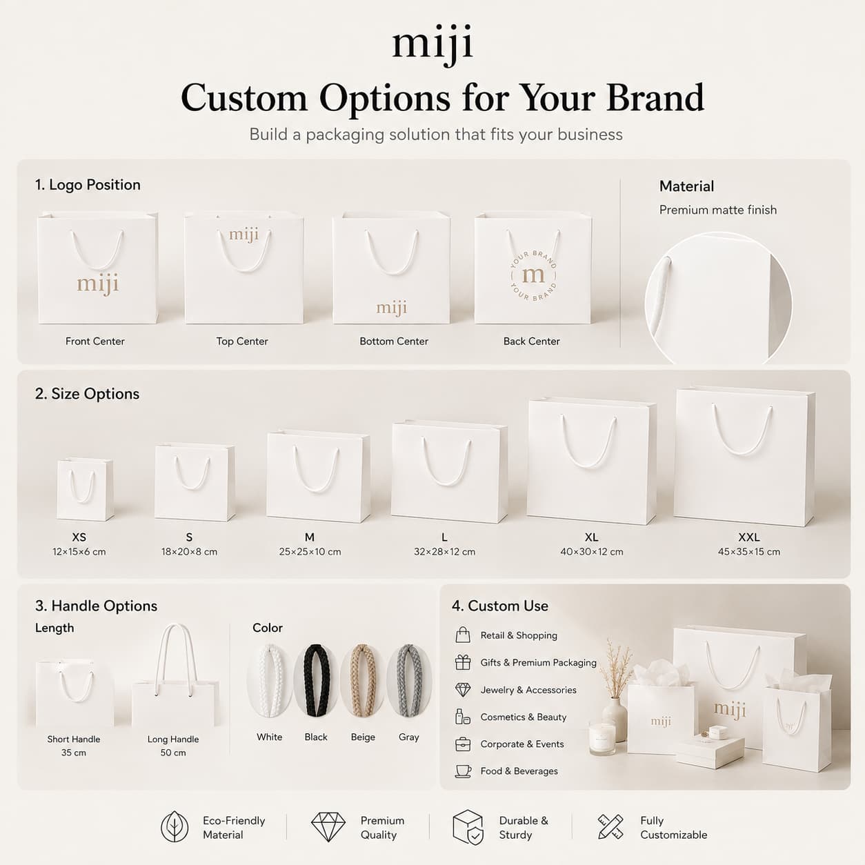 White paper bag customization guide showing logo positions, size options, handle colors and application choices.