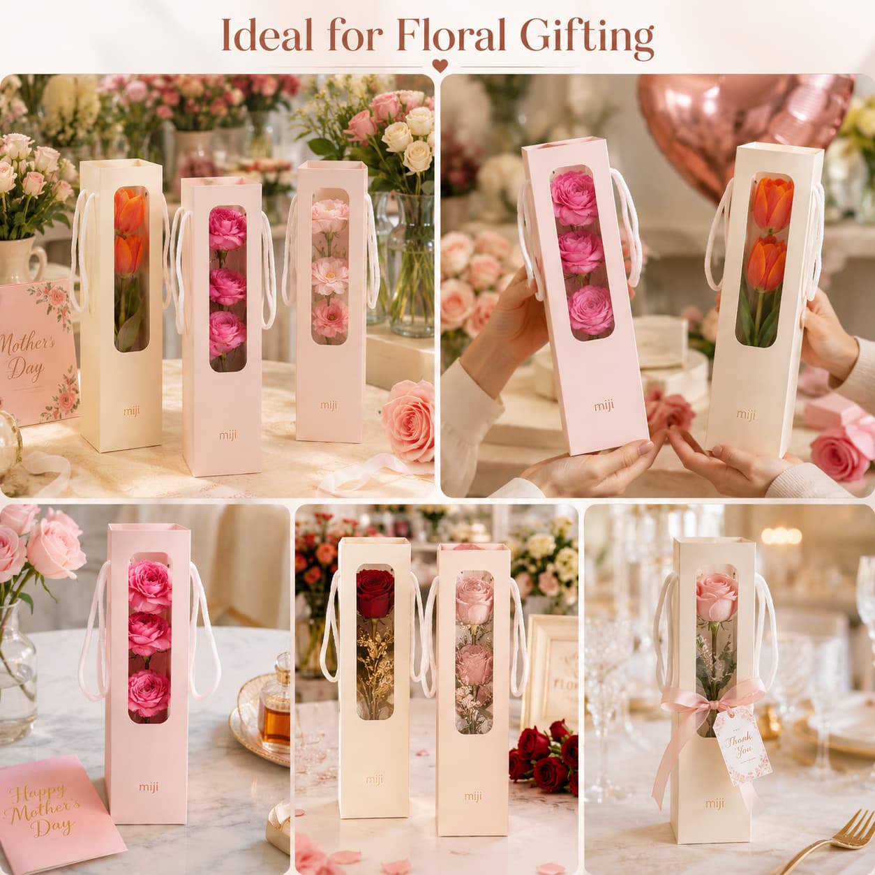 A collage showing clear-window flower gift bags for Mother’s Day, romantic gifting, roses and boutique floral presentation.