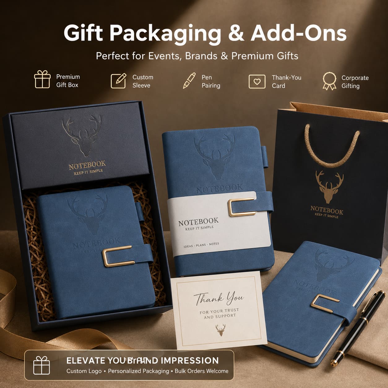 Premium notebook packaging display with gift box, branded sleeve, pen pairing, thank-you card and corporate gift bag.