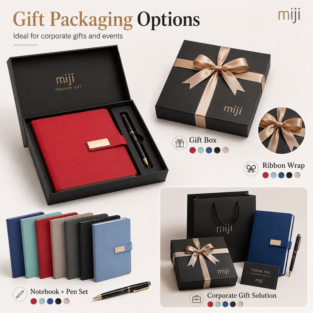 A5 gold plate strap notebook shown with custom gift box, ribbon wrap, matching pen, branded bag, and corporate gift packaging.