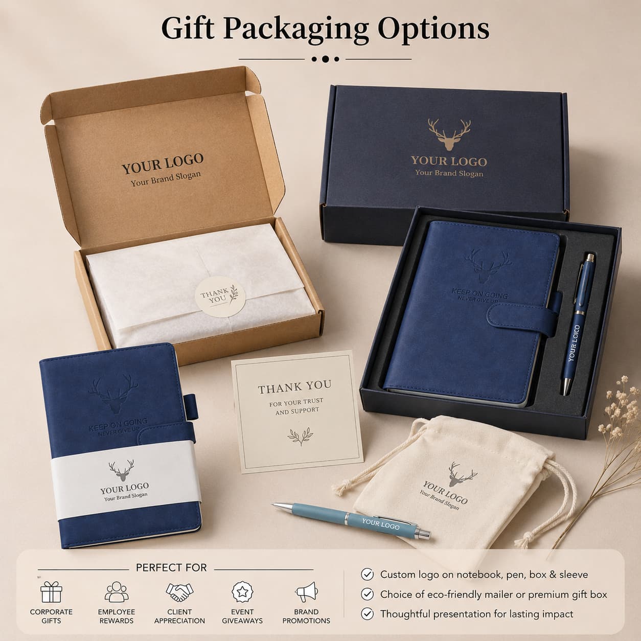 A5 PU buckle notebook presented with branded sleeve, kraft mailer, premium gift box, matching pen, pouch and thank-you card.