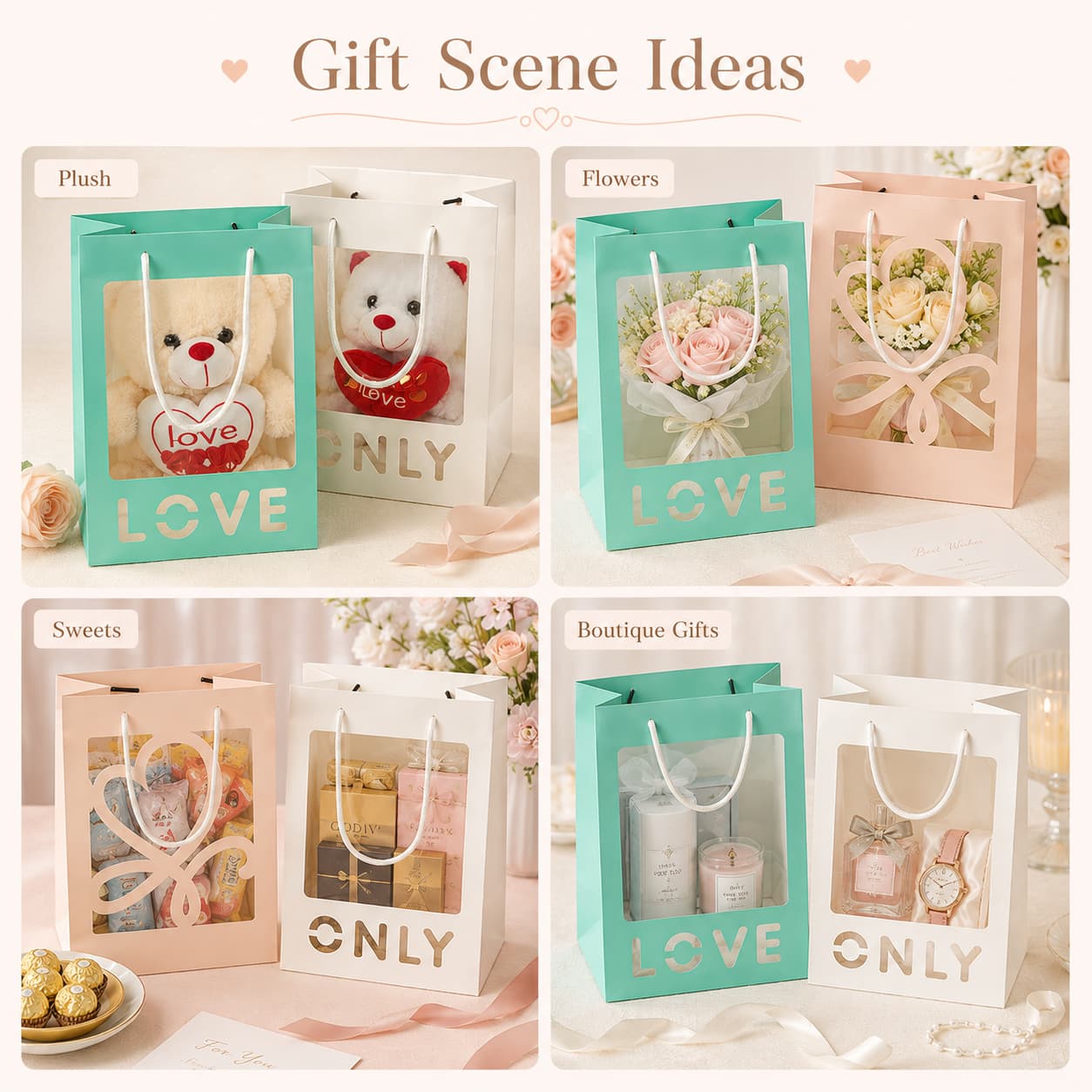 Window paper gift bags used for plush toys, flowers, sweets and boutique gift products.