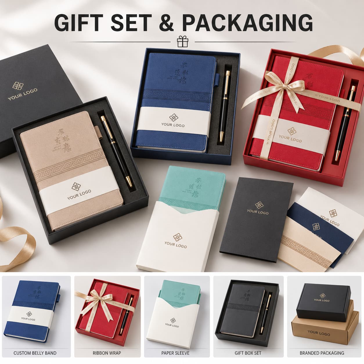 A5 notebooks presented with custom belly bands, paper sleeves, ribbon wraps, pens and gift boxes.