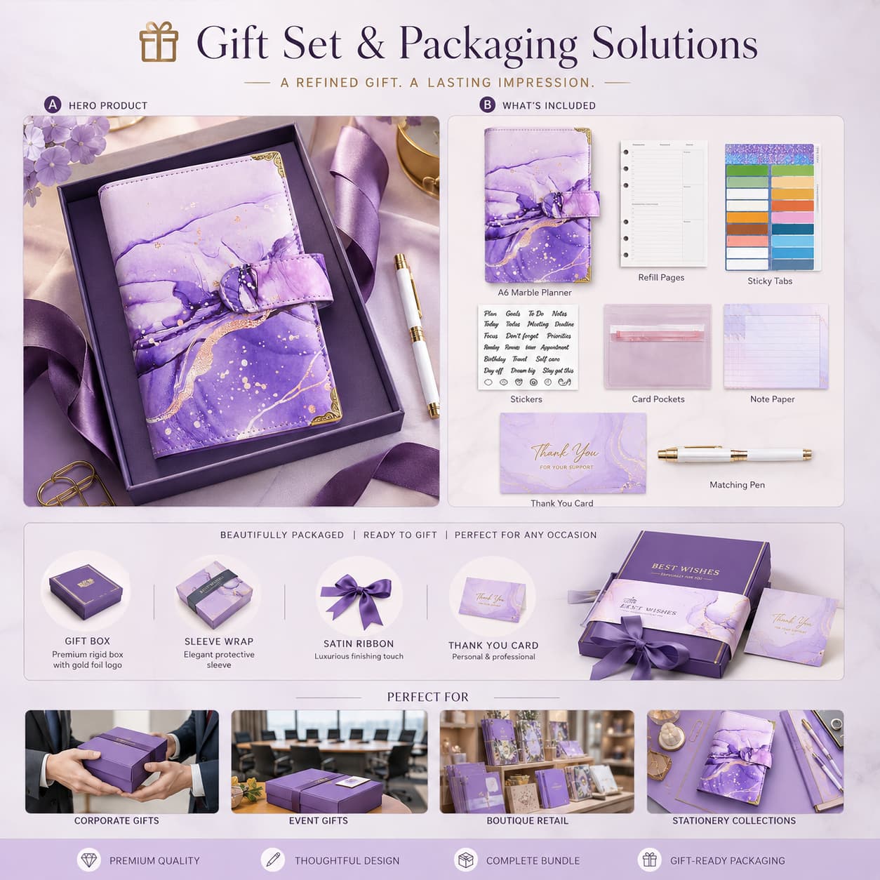 Purple marble A6 planner presented with gift box, sleeve, ribbon, thank-you card, matching pen and coordinated refill accessories.
