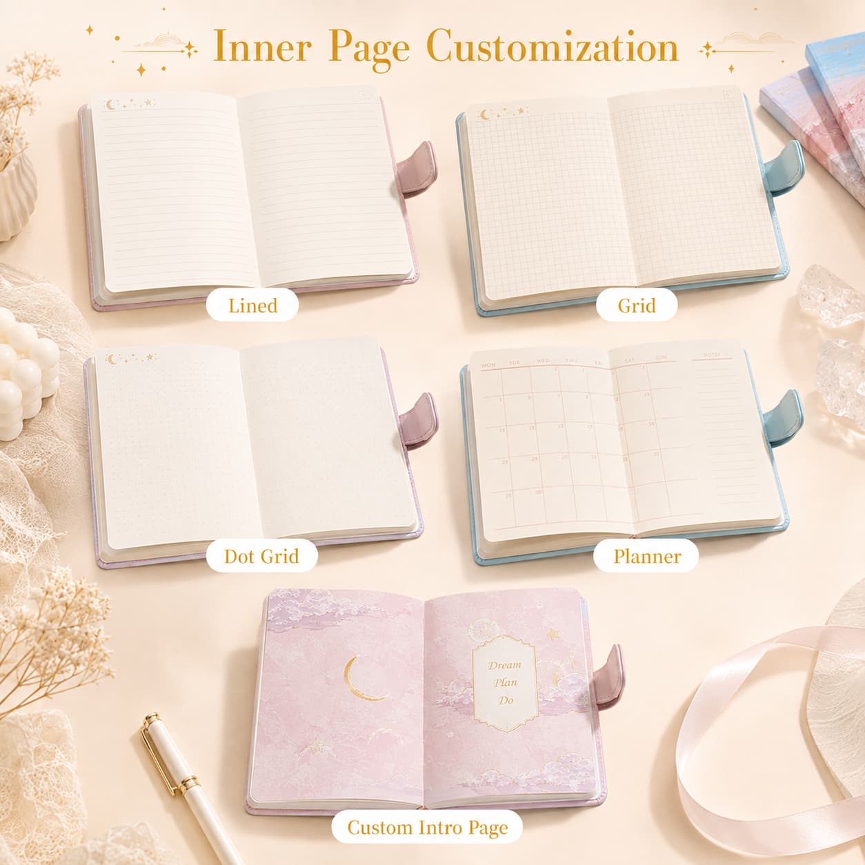 Open notebooks showing lined, grid, dot-grid, planner and custom introductory page layout options.