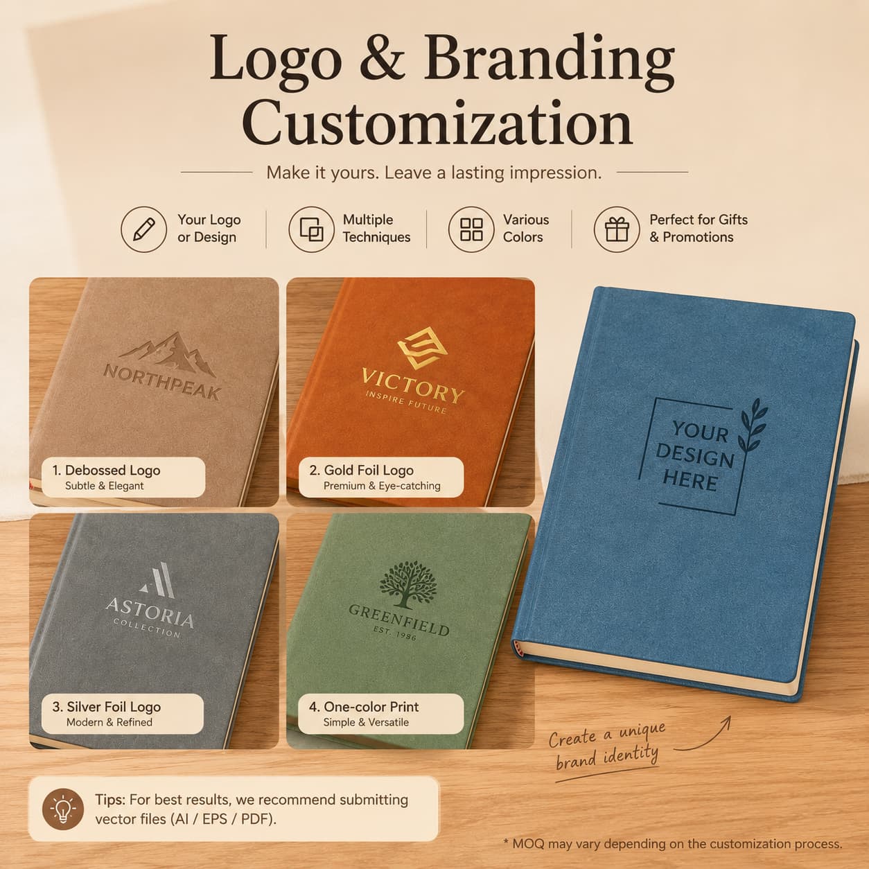Vintage PU notebooks shown with debossed, gold foil, silver foil and one-color printed logo examples.