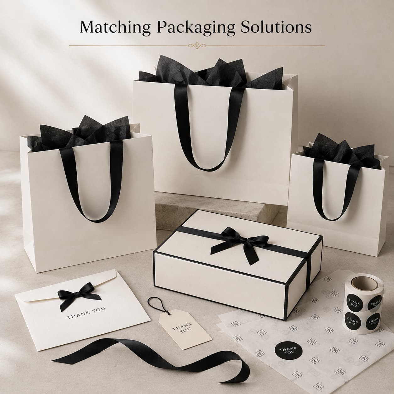 Coordinated white and black packaging set with paper gift bags, rigid box, tissue, card, tag, stickers and ribbon.
