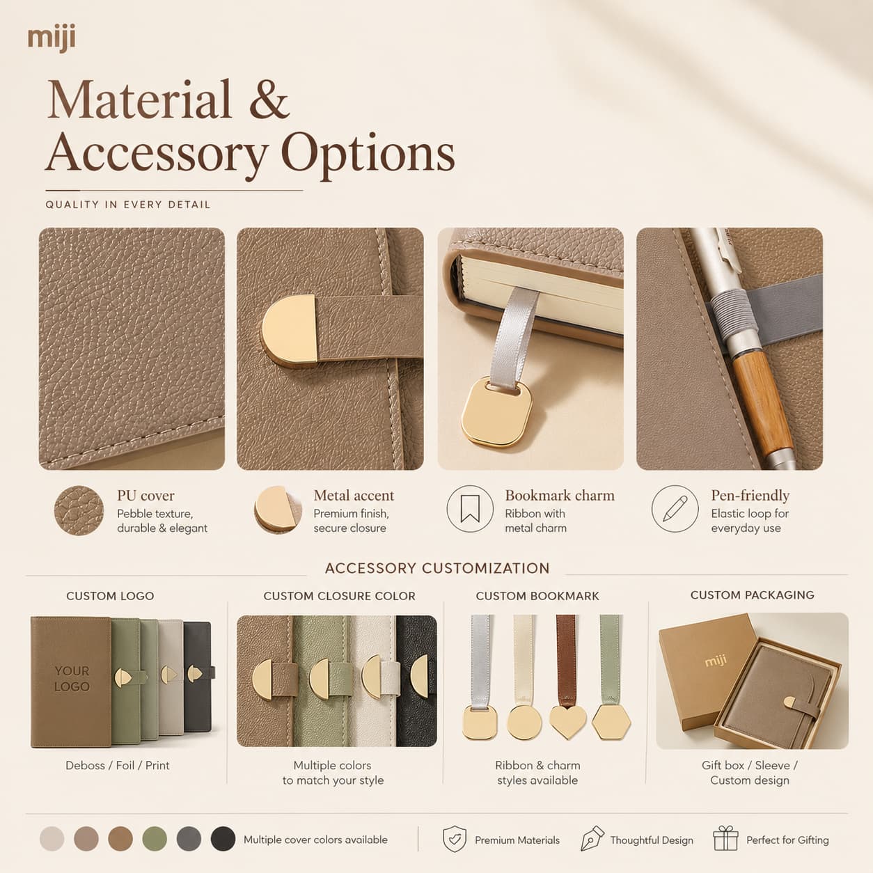 Pebble PU notebook details with logo, closure color, bookmark, pen loop and gift packaging customization examples.