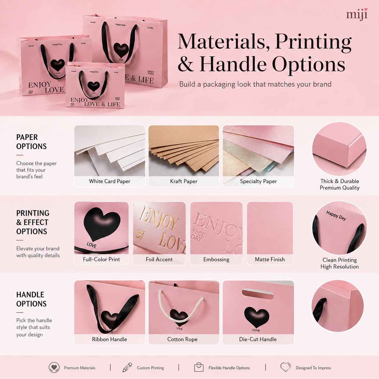 Paper gift bag customization board showing paper materials, printing effects and ribbon, rope and die-cut handles.