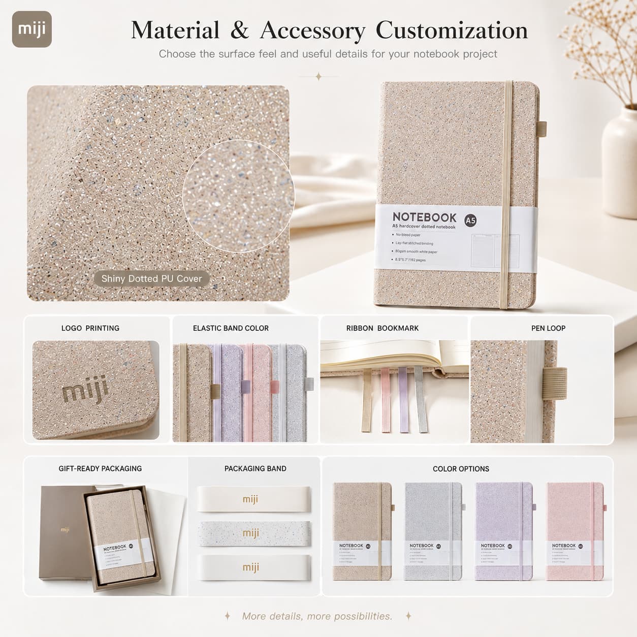 Glitter PU notebook customization examples for logo printing, elastic colors, ribbon bookmark, pen loop and packaging.