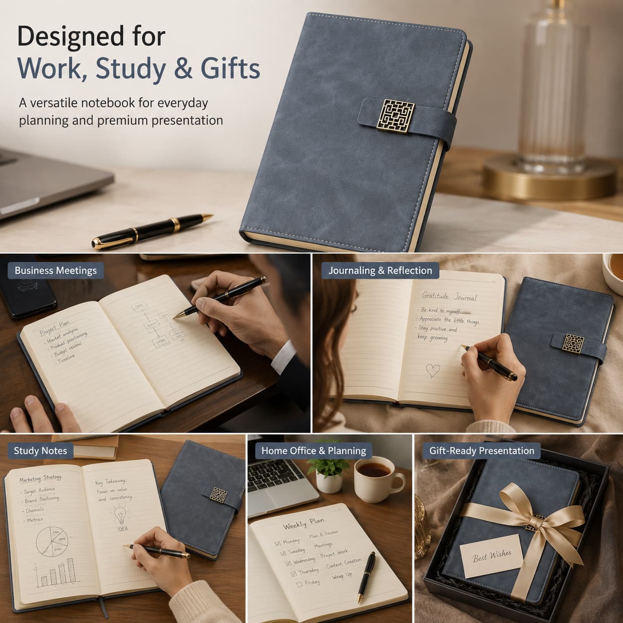 Lifestyle application board showing the notebook used for meetings, journaling, study, home office planning and gift presentation.