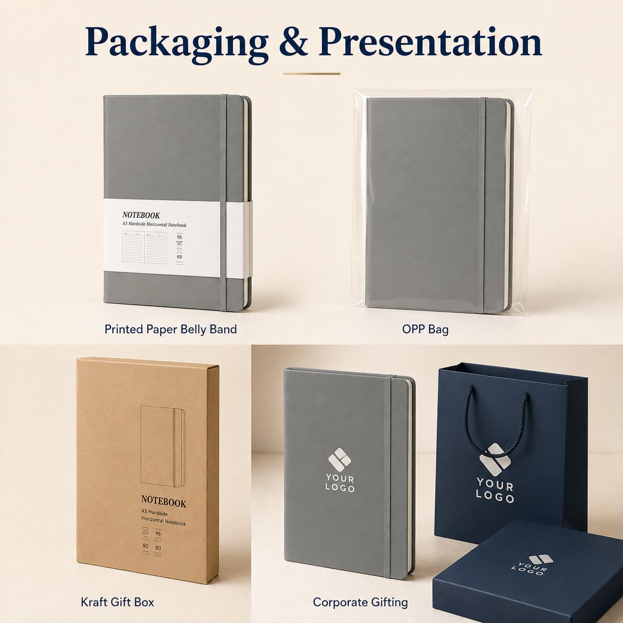 A5 notebook packaging examples including printed belly band, OPP bag, kraft gift box, and branded corporate gift presentation.