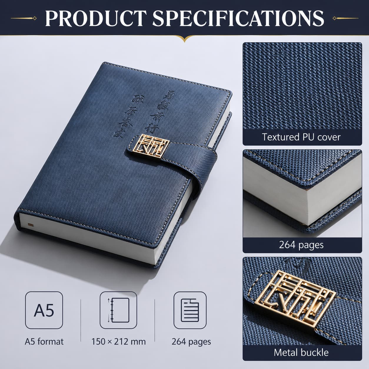 A5 woven-texture PU notebook specification guide showing 150 × 212 mm size, 264 pages, cover texture, and metal buckle.
