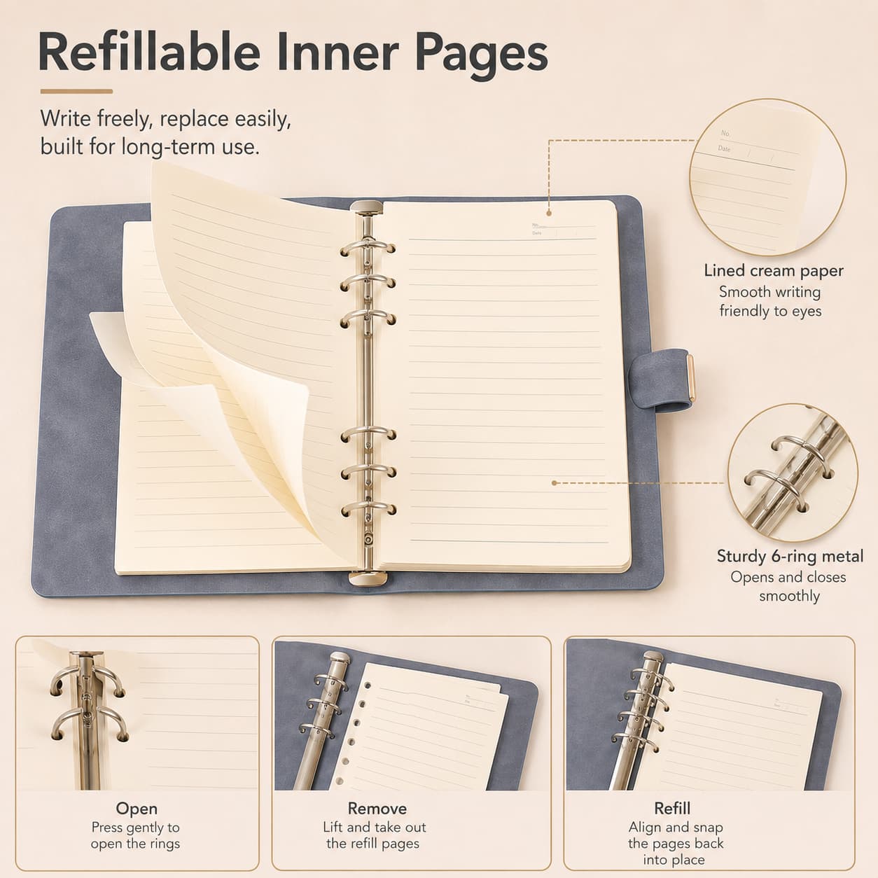 detail-03-refillable-iOpen 6-ring loose-leaf notebook with lined cream paper and visual steps for opening, removing and refilling pages.nner-pages