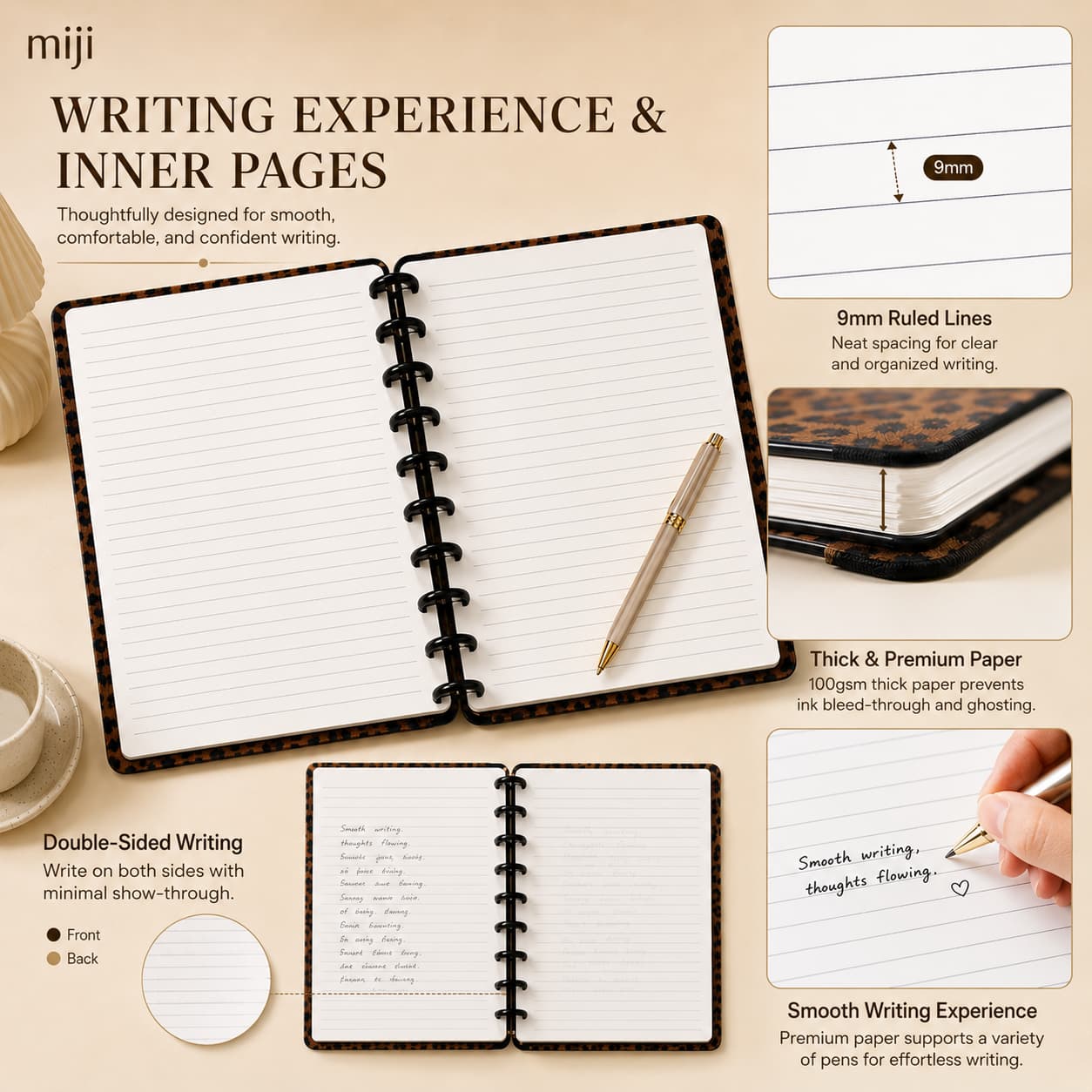 Open ruled notebook with 9 mm line spacing, page thickness, double-sided writing and smooth writing detail views.