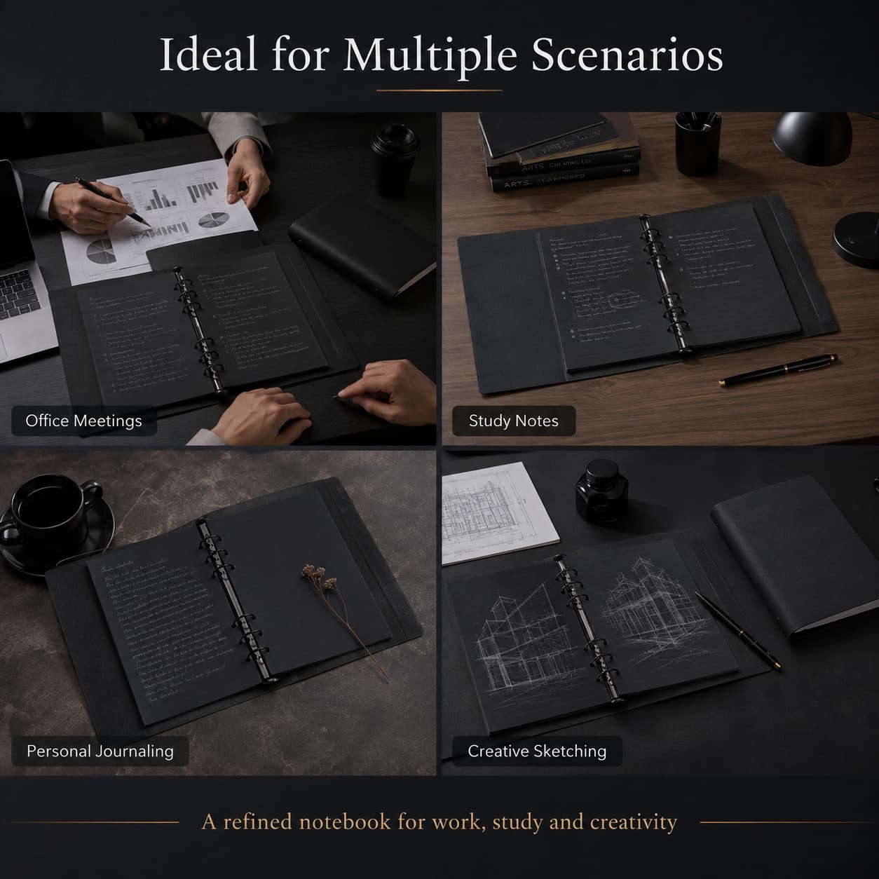 Black refillable loose-leaf notebook used for office meetings, study notes, personal journaling and creative sketching.