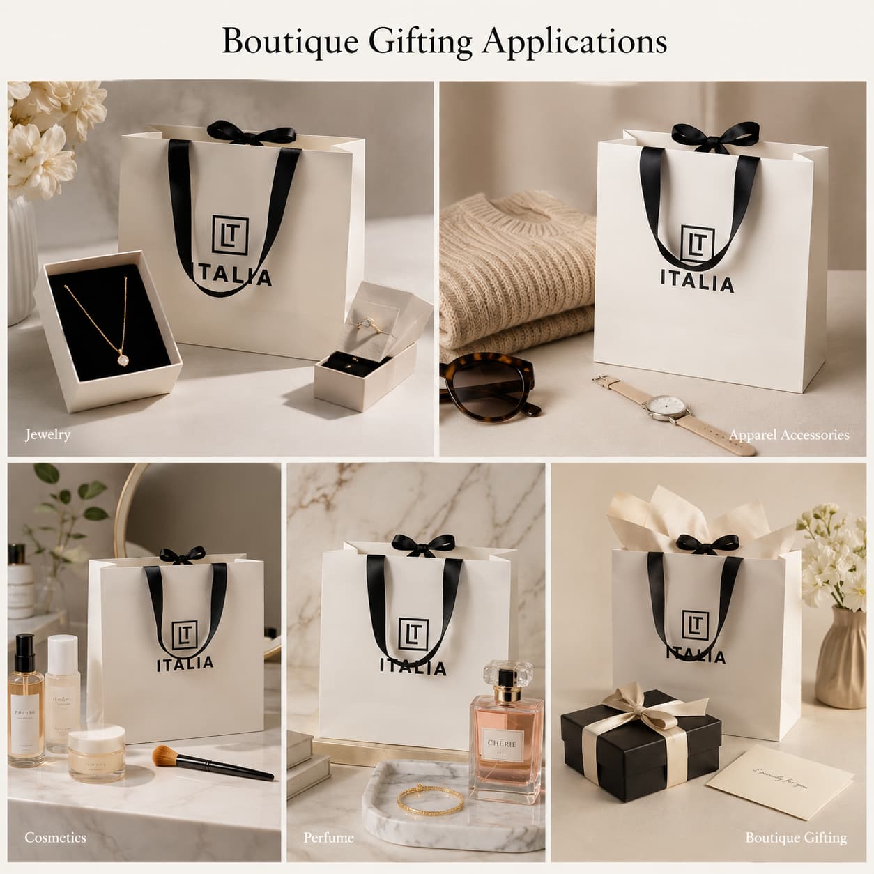 White ribbon handle paper gift bags used for jewelry, apparel accessories, cosmetics, perfume and boutique gifts.