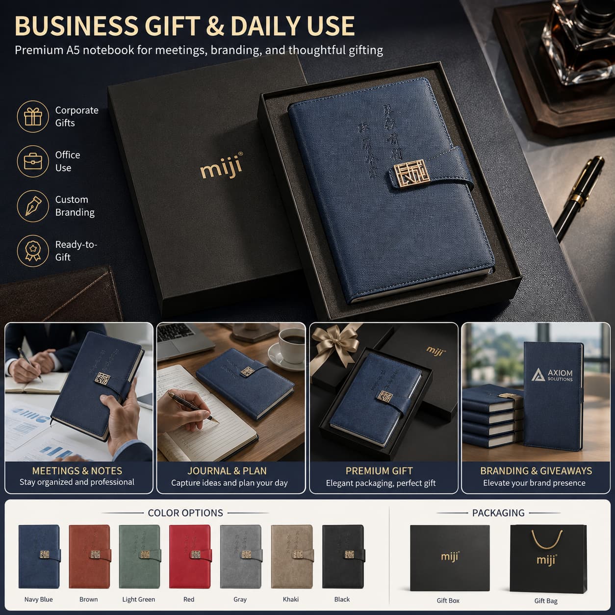 Indigo blue A5 notebook in a premium miji gift box with office, planning, branding, color, and packaging examples.