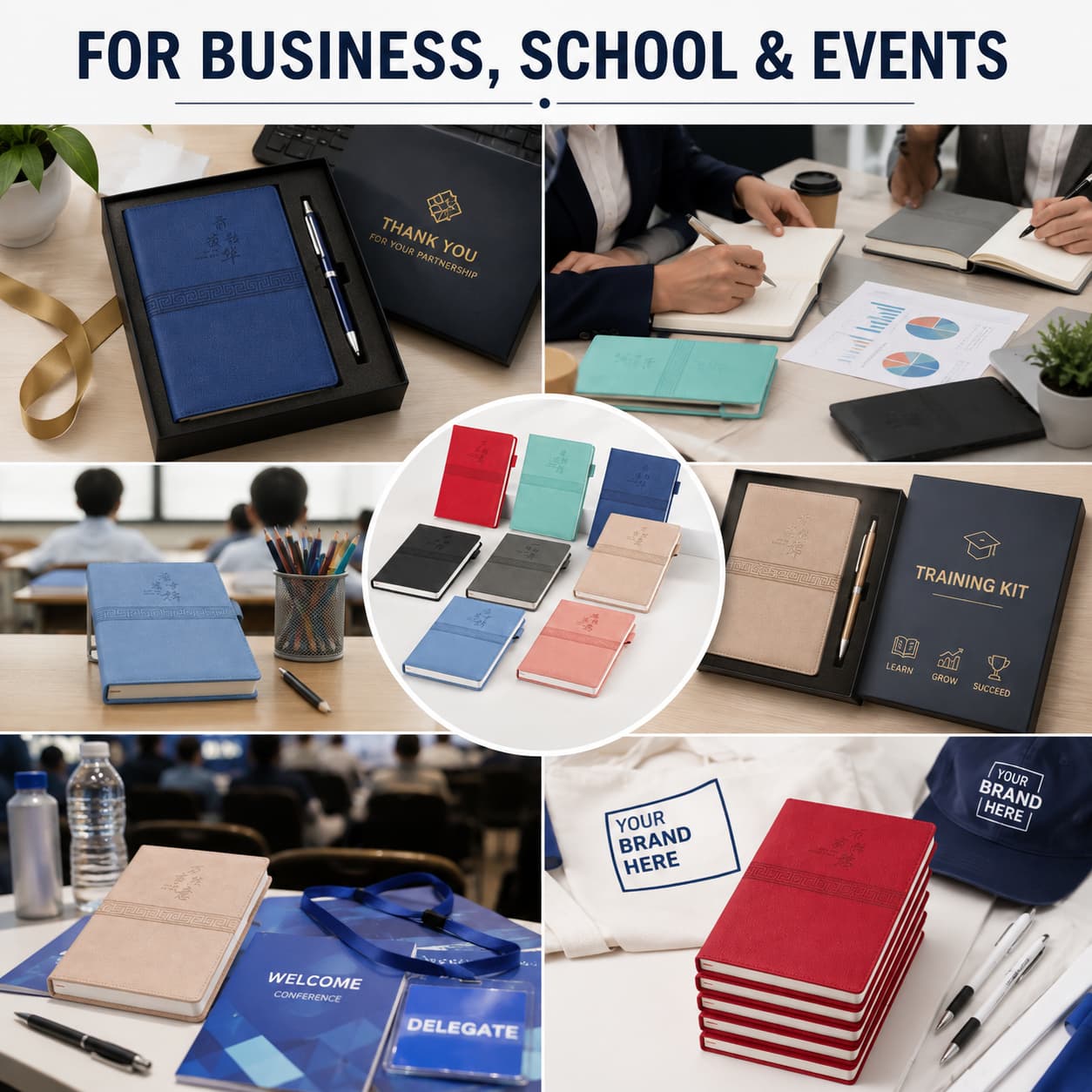 A5 textured PU notebooks shown in office, school, training, conference and promotional gift applications.
