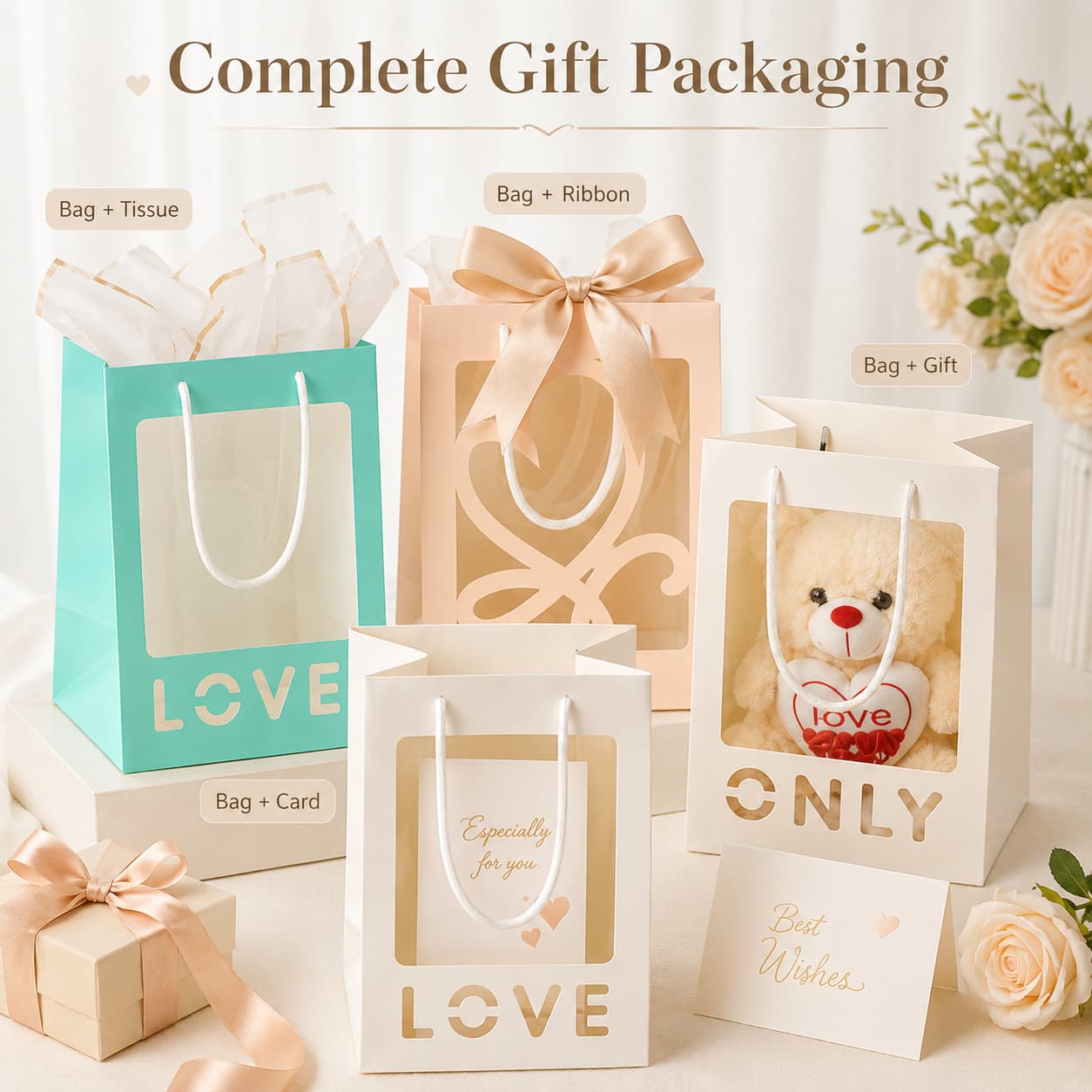 Pastel window gift bags coordinated with tissue paper, ribbon, cards, gift boxes and matching accessories.