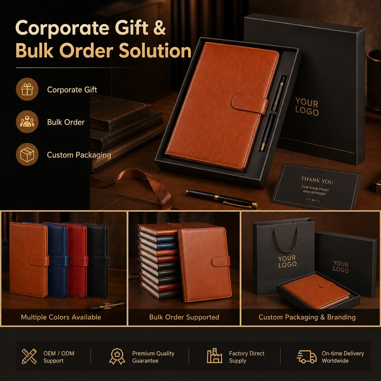 PU clasp notebook presented with pen, rigid gift box, branded card, multiple colors and bulk packaging examples.