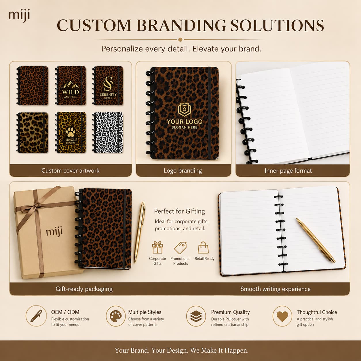 Leopard disc-bound notebooks shown with custom cover artwork, logo branding, inner-page formats and gift-ready packaging.