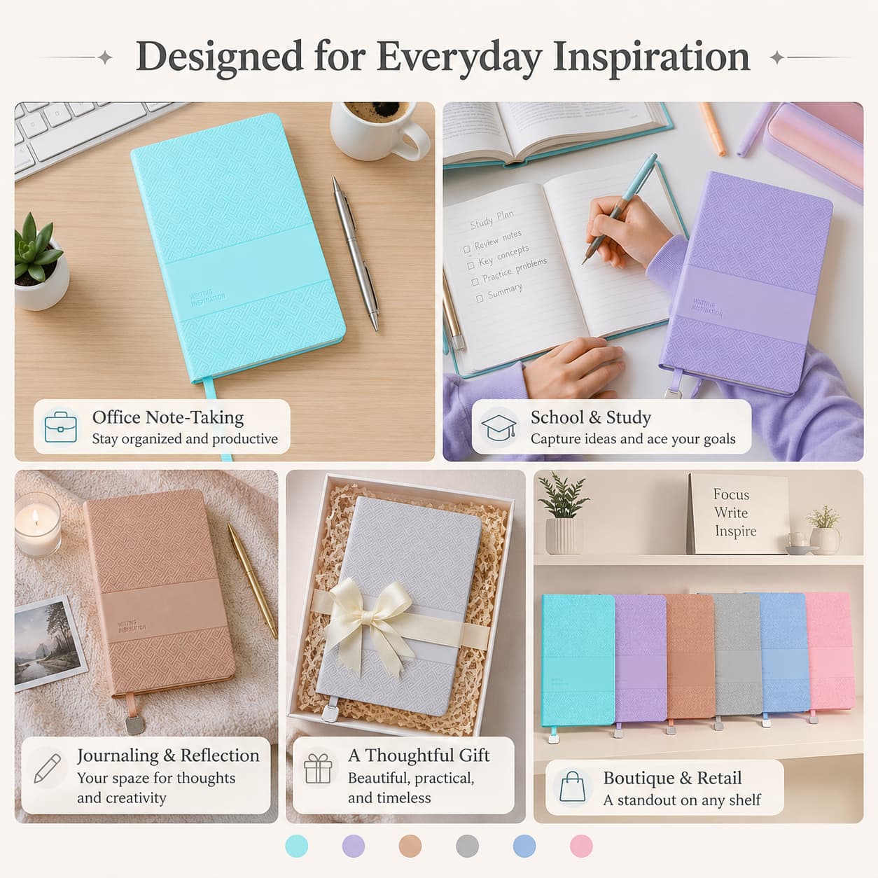 Pastel embossed notebooks shown for office note-taking, school, journaling, gifting and boutique retail display.