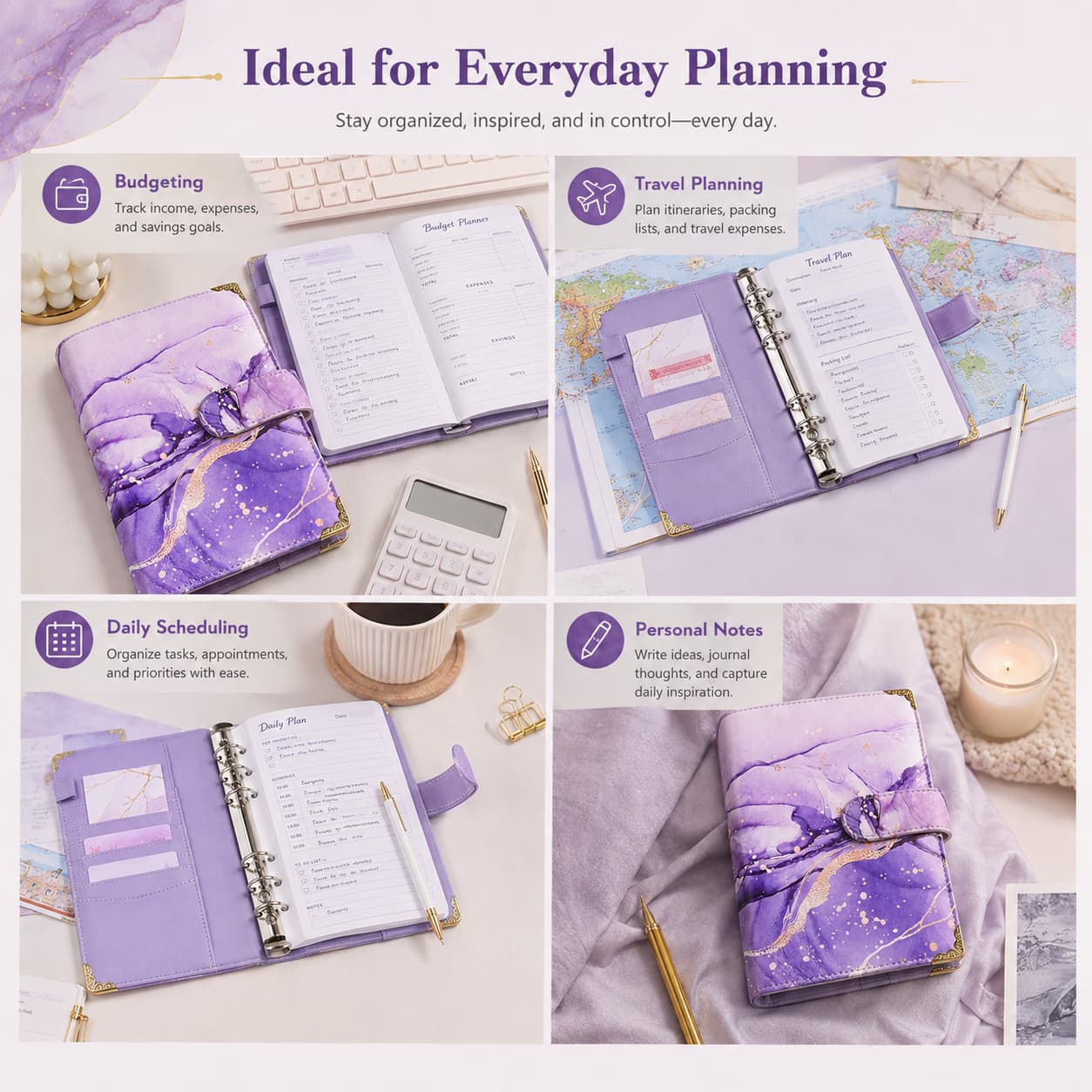 Purple A6 marble planner shown for budgeting, travel planning, daily scheduling and personal note-taking scenarios.