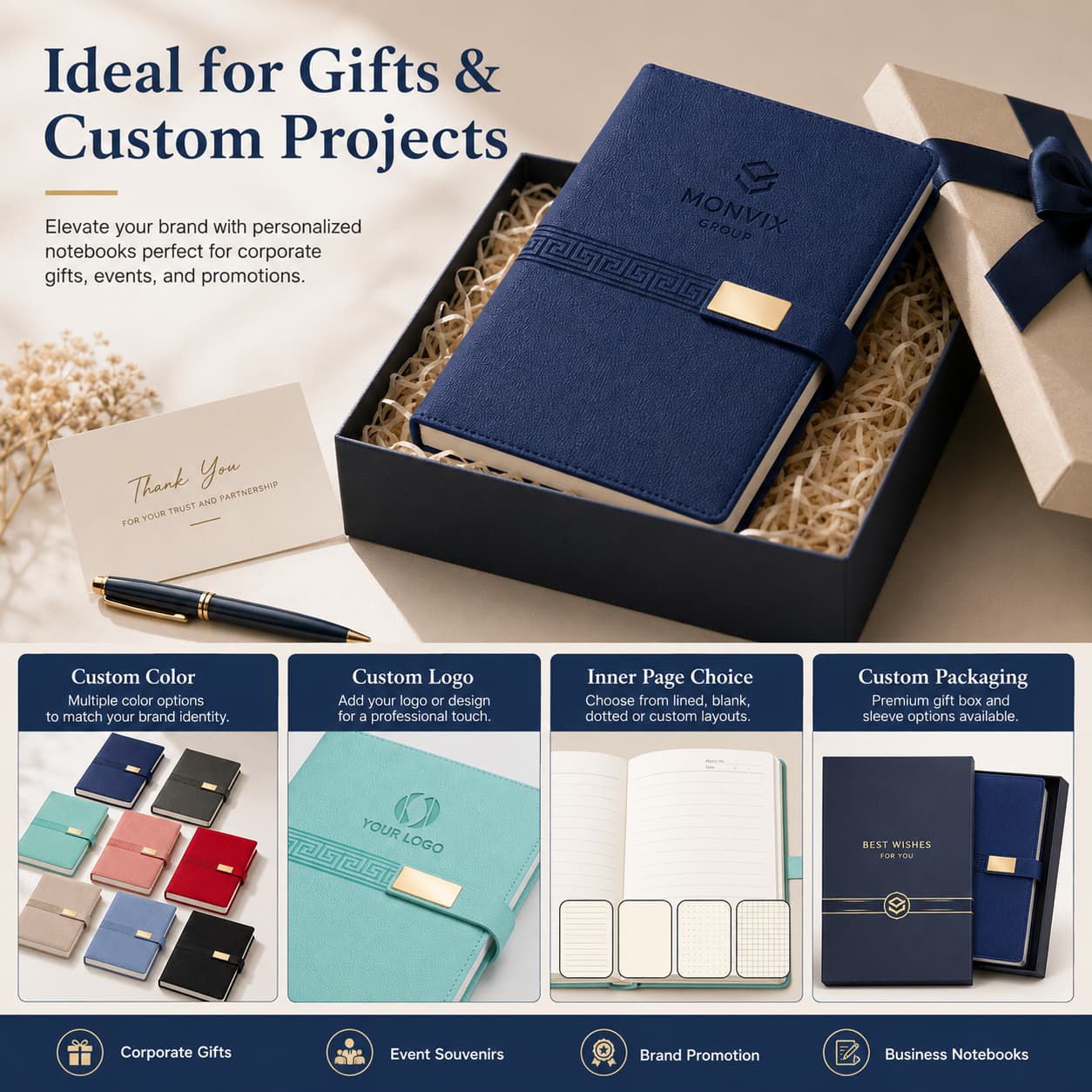 Gold-buckle A5 notebook in a gift box with custom color, logo, inner-page, and packaging options for corporate and promotional projects.