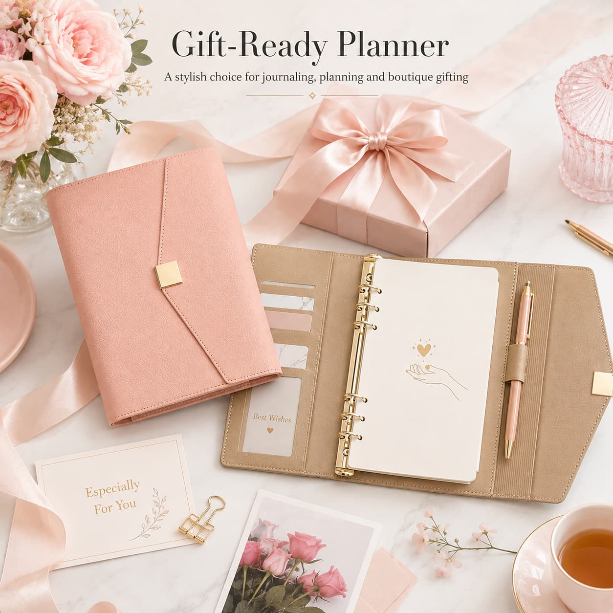 Gift-ready planner organizer arrangement with pink cover, open 6-ring organizer, matching pen, cards, gift box, flowers, and tea.
