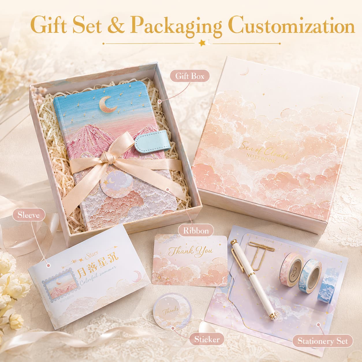Dreamy art notebook presented with custom gift box, sleeve, ribbon, sticker, card, pen and stationery set options