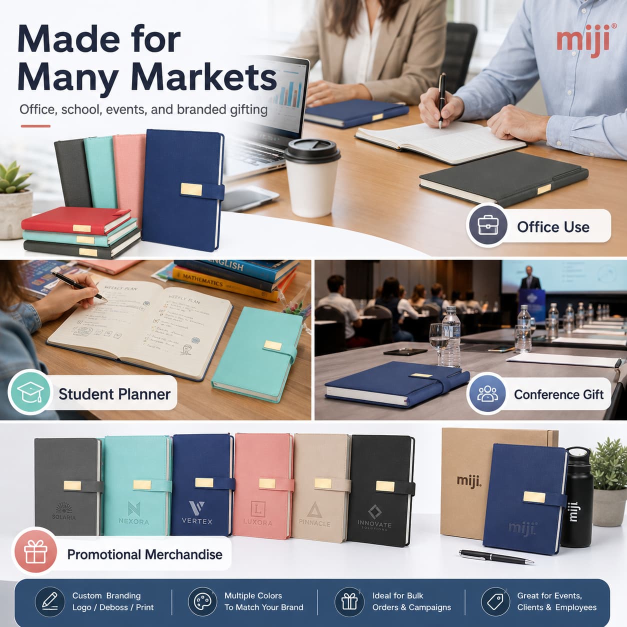 Custom A5 notebooks shown for office use, student planning, conference gifts, promotional merchandise, and branded gifting.