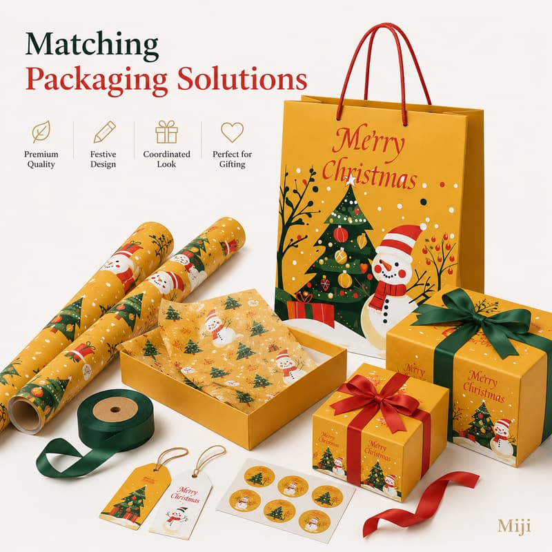 Coordinated Christmas packaging set with paper gift bag, boxes, wrapping paper, tags, stickers and ribbon.
