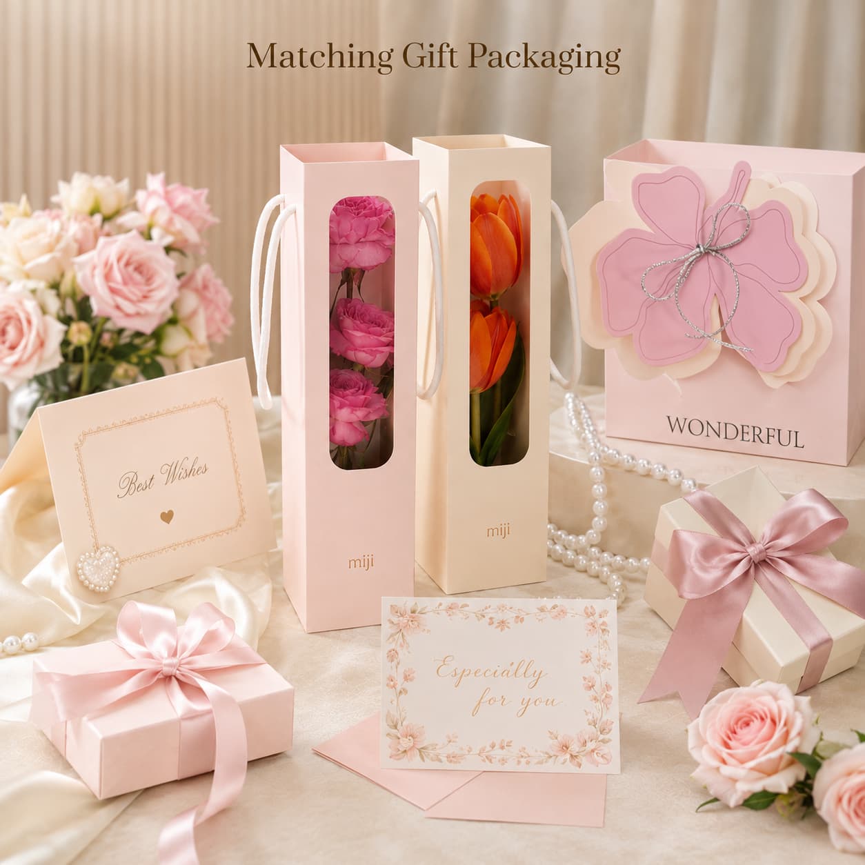 Coordinated flower gift bags, gift boxes, cards, ribbons and pastel accessories in a romantic packaging set.