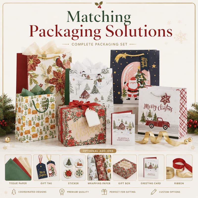 Coordinated holiday packaging set with paper gift bags, gift box, tissue, tags, stickers, wrapping paper, card and ribbon.