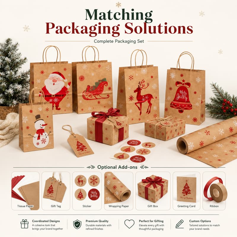 Coordinated holiday packaging set with kraft gift bags, gift box, tags, stickers, wrapping paper and ribbon.