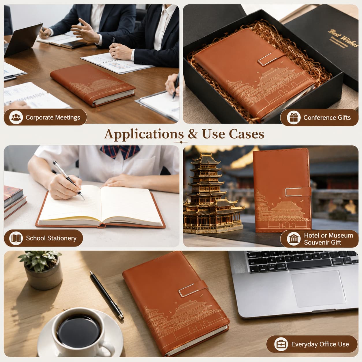 A5 Chinese architecture notebook used for corporate meetings, conference gifts, school stationery, cultural souvenirs and everyday office work.