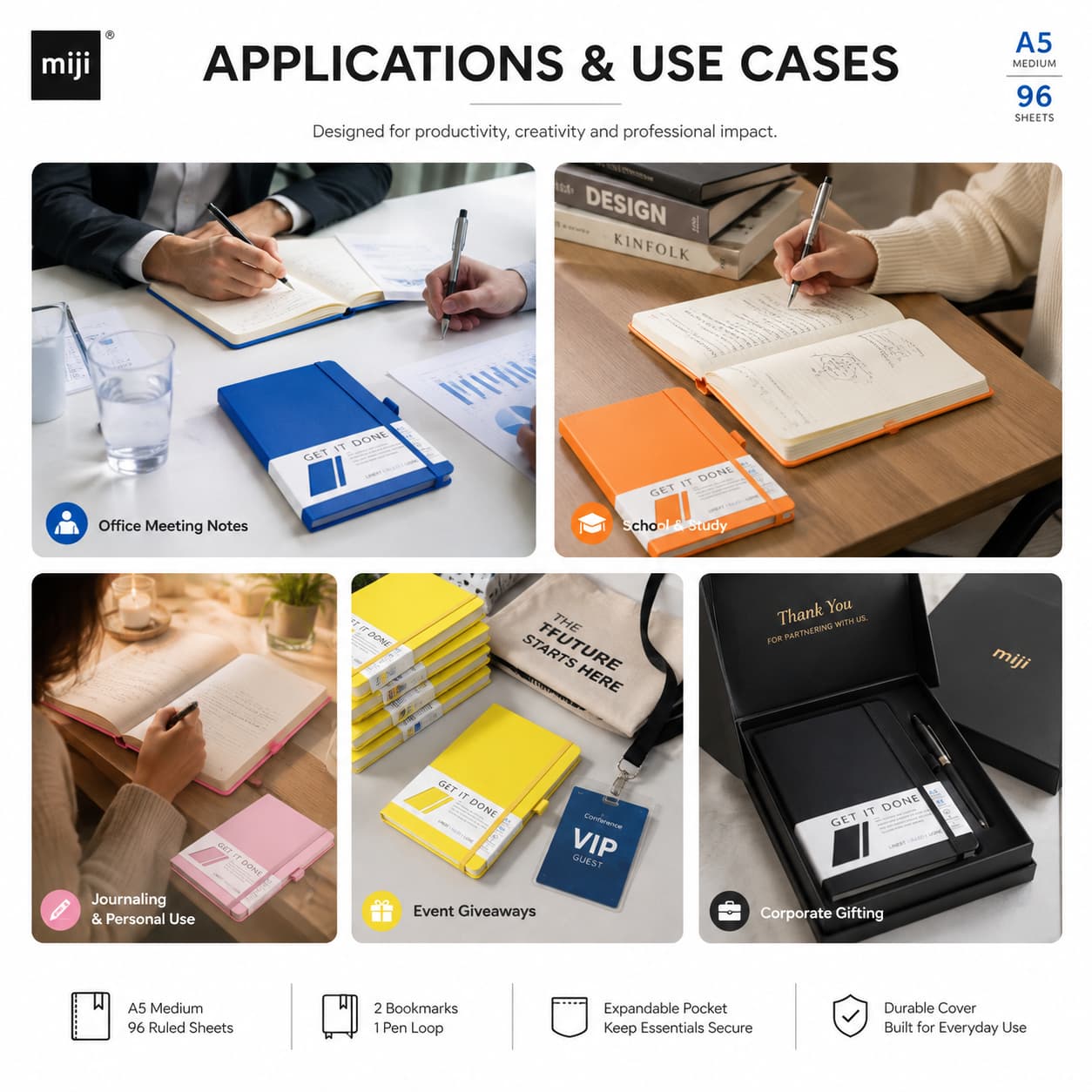 A5 notebook applications for office meetings, school, personal journaling, event giveaways and corporate gifting.