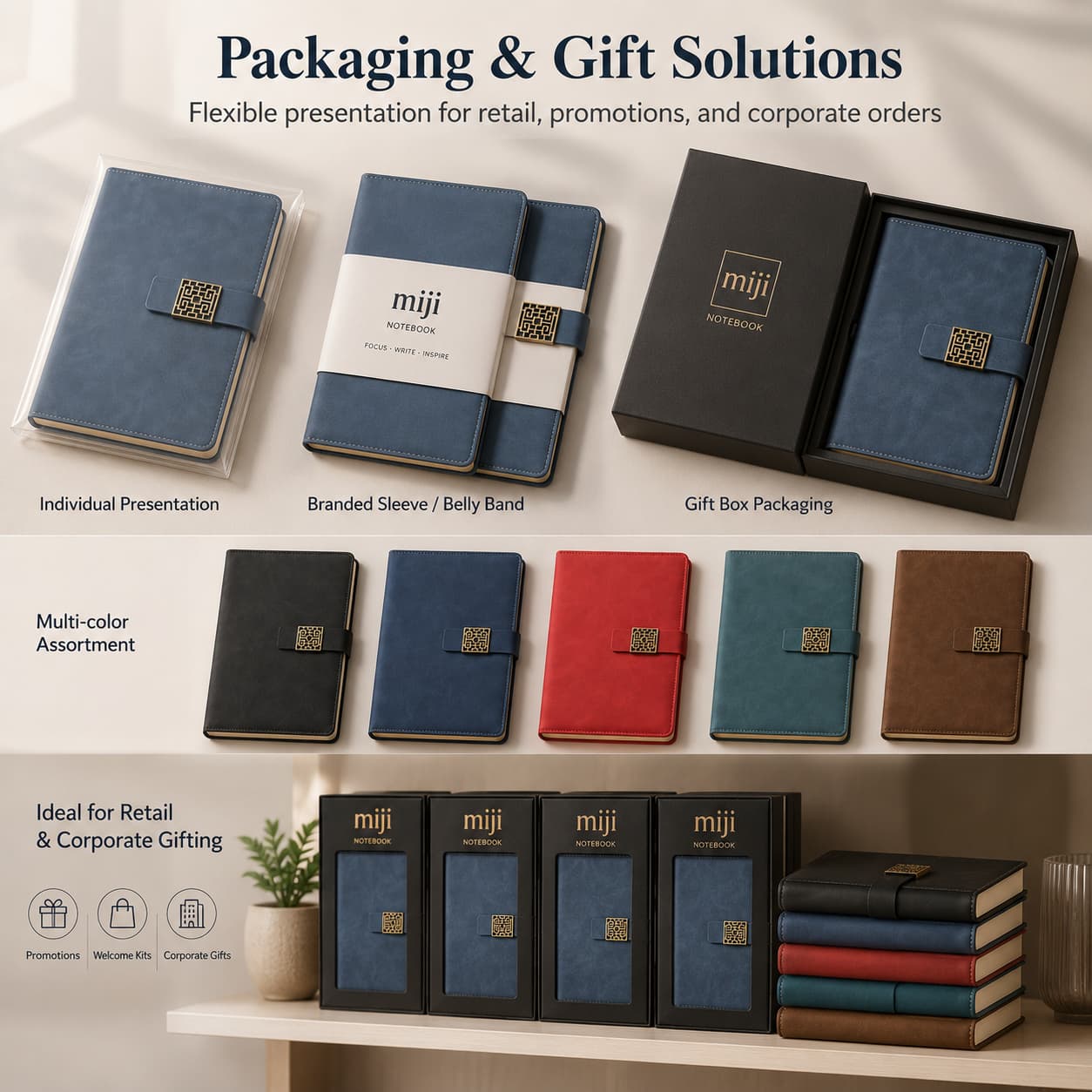 Packaging board showing individual presentation, branded sleeve, gift box, multi-color assortment and retail gift display options.