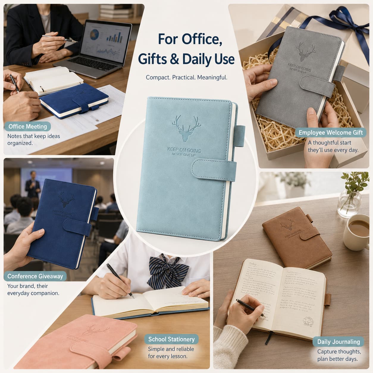 A5 PU buckle notebooks shown in office meetings, employee gifting, conferences, school use and daily journaling scenes.