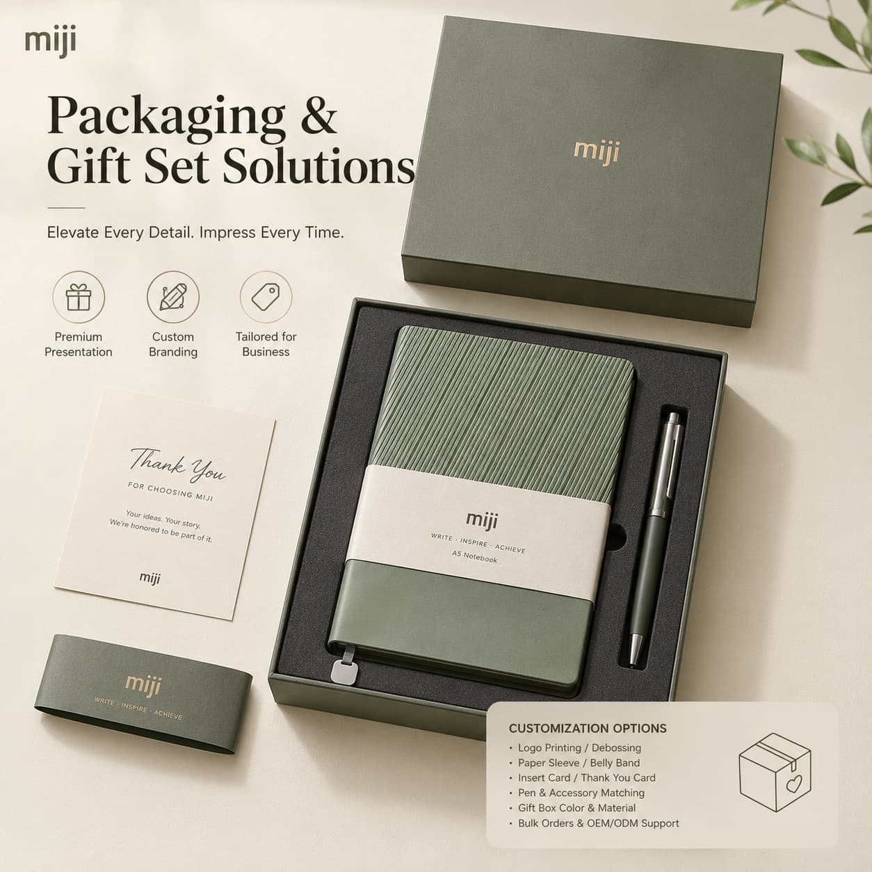 A striped A5 PU notebook shown as part of premium packaging and stationery gift presentation solutions.