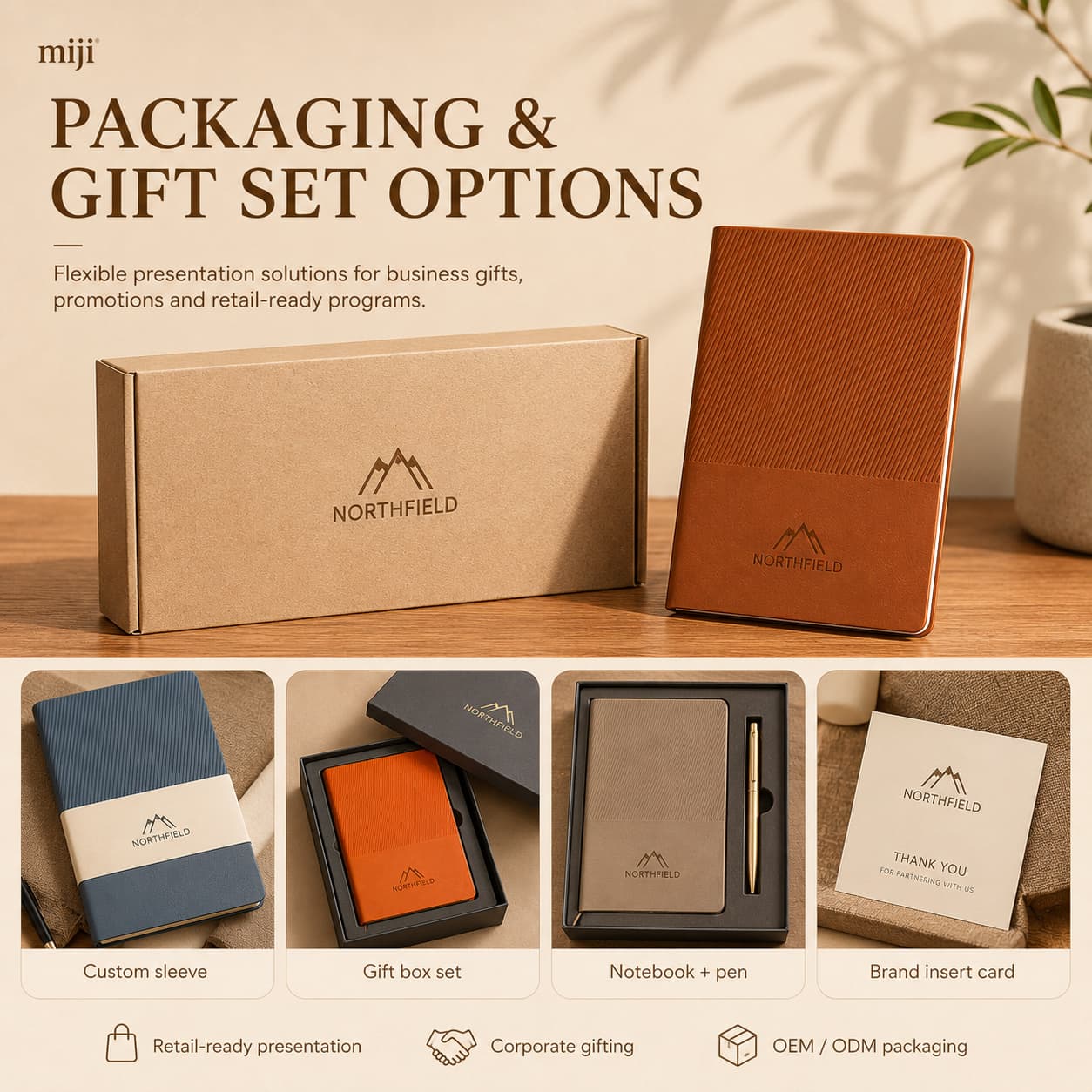 A striped A5 PU notebook shown with custom sleeve, gift box, notebook-and-pen set and brand insert card packaging options.
