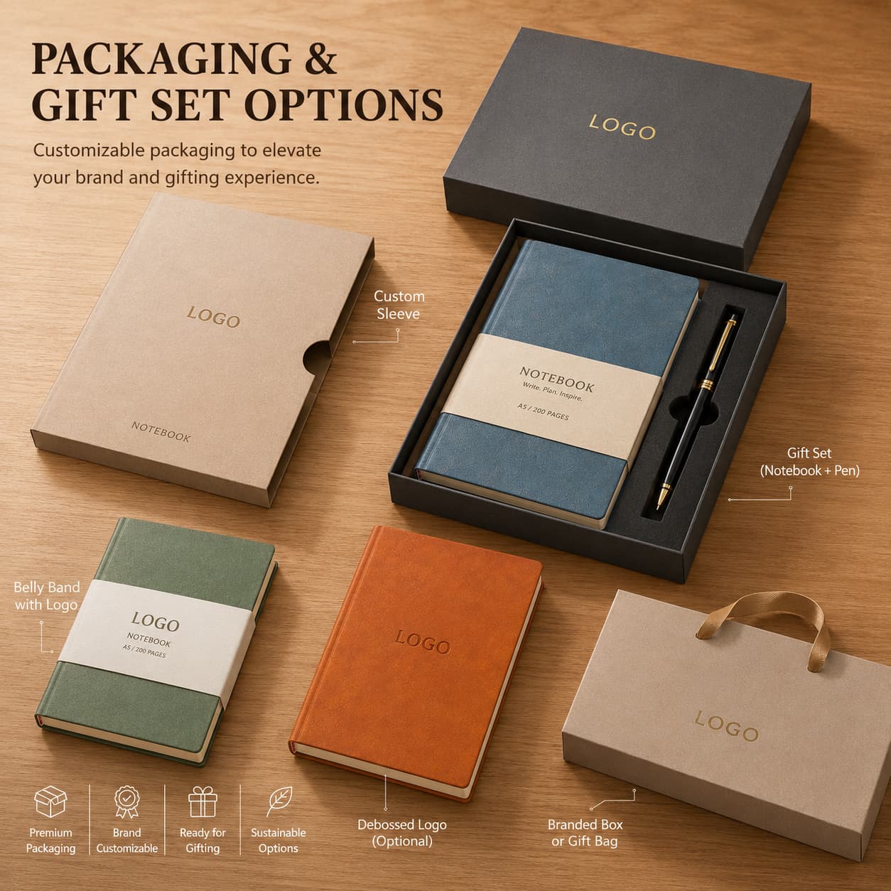 A5 PU notebooks shown with custom sleeves, belly bands, notebook-and-pen sets and branded gift boxes.