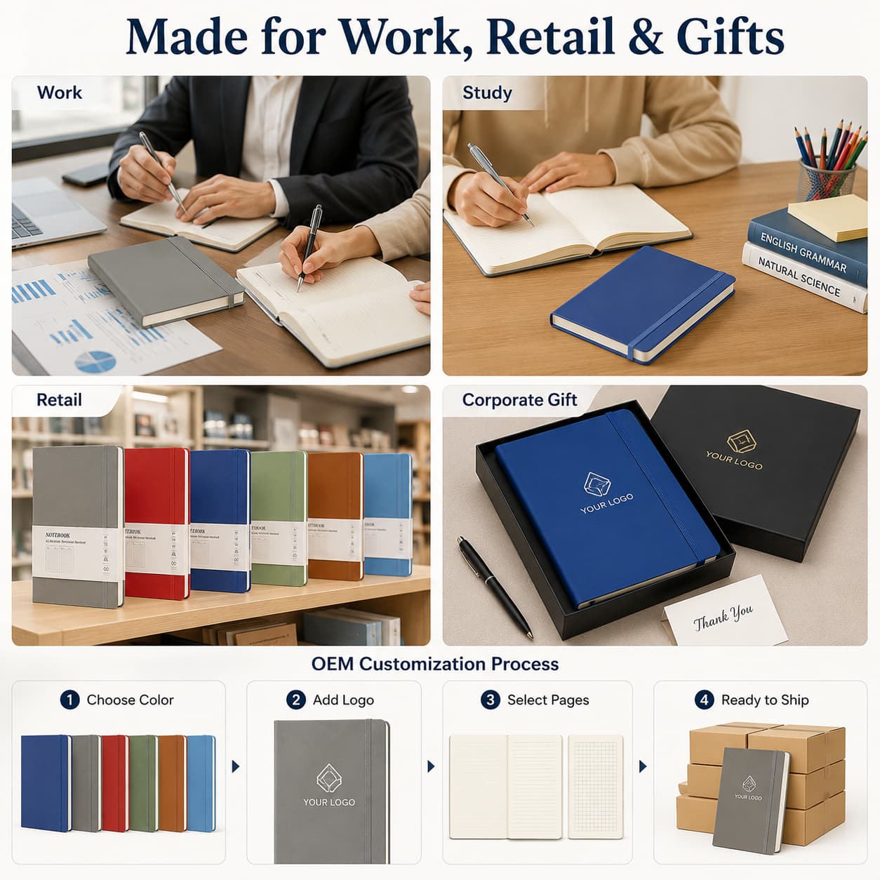 A5 elastic-band notebooks shown for work, study, retail, and corporate gifts with a visual OEM customization process.
