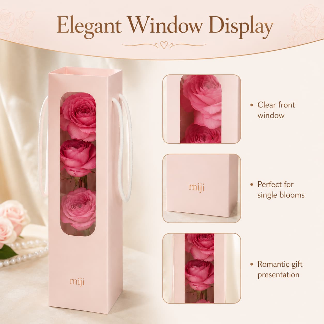 A blush flower gift bag with close-up views of the clear front window, floral display and refined brand area.