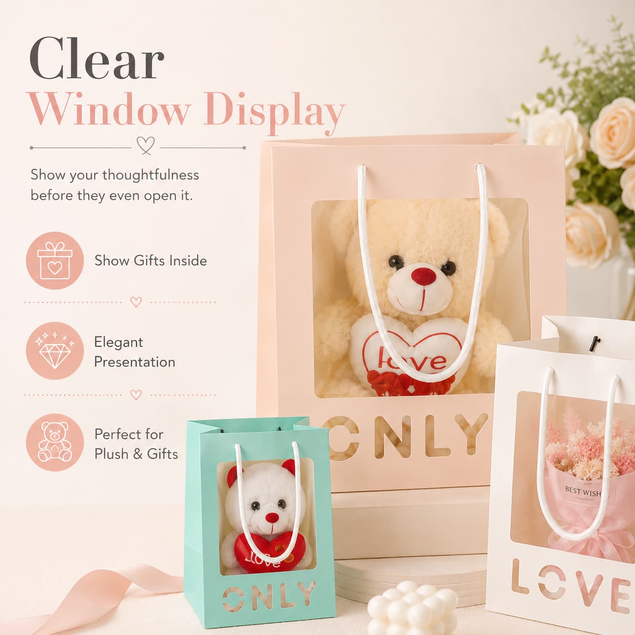 Pastel gift bags with large transparent windows showing plush toys and gift products inside.